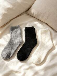 3 Pairs Women's Coral Fleece Mid-Calf Socks, Thickened Fleece Lined Home Sleep Socks, Soft Fluffy Warm Floor Socks, Black White Grey Solid Color Minimalist Half-Fleece Maternity Socks, Dorm Home Non-Slip Warm Feet Socks, Winter Cold-Proof Skin-Friendly Fuzzy Socks - Multicolor - View 2