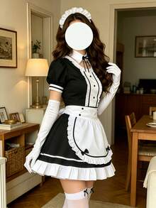 1pc Maid Dress Set, Black & White Color Block, Puff Sleeve With Ruffle Apron, Delicate Lace & Bow Details, Fitted Silhouette Fall - White - View 3