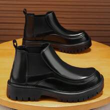 Men's High-Top Leather Riding Boots 2026 Winter New Black Lace-Up Thick Sole Casual Boots Slip-On Elastic Side Design Boots For Daily Commute Street Date Business Occasions Work Boots - Black - View 11