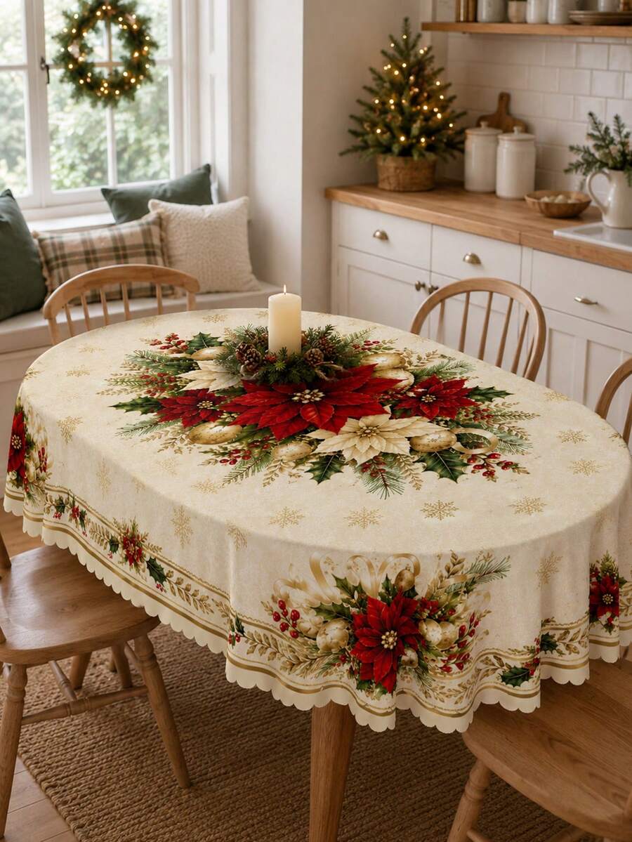 1 buah Taplak Meja Merah & Emas Premium, Taplak Meja Persegi Panjang Poliester Mewah dengan Motif Buket Bunga di Tengah, Kepingan Salju, dan Karangan Bunga Holly, Cocok untuk Dekorasi Dapur, Dekorasi Rumah, Dekorasi Kamar, Dekorasi Rumah Natal, dan Dekorasi Kelas. - MultiWarna - View 1