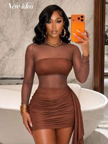 NEW IDEA Women's Fashion Sexy Elegant Brown Autumn Mini Dress, Sheer Mesh Long Sleeve Slim Fit Party Dress, Suitable For Night Out, Cocktail Party And Daily Wear - Brown - View 8