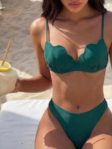 Bikinx Women's Solid Color Shell-Shaped Cup Spaghetti Strap Bikini Set, Back Tie Swimsuit, Suitable For Beach Vacation Summer - Green - View 2