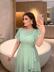 Plus Size Women's New Elegant Ruffle Patchwork Design Slimming Luxury Dress Summer - Mint Green - View 1