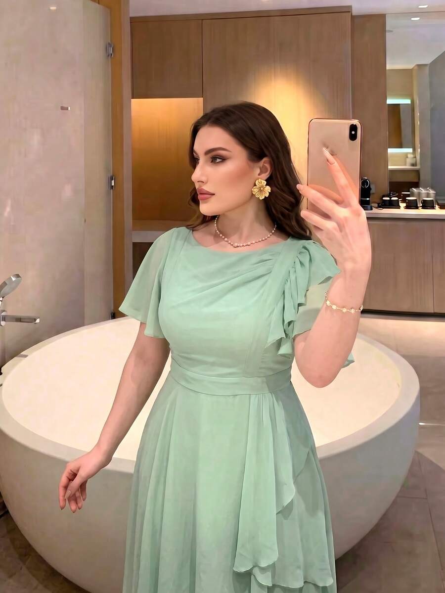 Plus Size Women's New Elegant Ruffle Patchwork Design Slimming Luxury Dress Summer - Mint Green - View 1