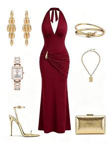 AIJ Fall Women's Long Dress, Legant Bodycon Fit With Ruched Bust,Slit In Stretchy Fabric For Formal Night Out Wedding Guest Party Dress Elegant Red - Red - View 3