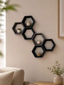 1/3pcs Black Hexagon Floating Wall Shelves Mini Wall-Mounted Display Rack, Living Room/Bedroom Wall Storage Decoration, Black Geometric Wall Shelf, Small Green Plants & Perfume Display Storage Rack - Black - View 6
