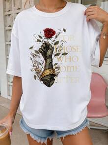 Vintage Inspired Clair Obscur Expedition 33 Stone Hand Red Rose For Those Who Come After Fantasy Game Graphic Tee - 白色 - 查看 1