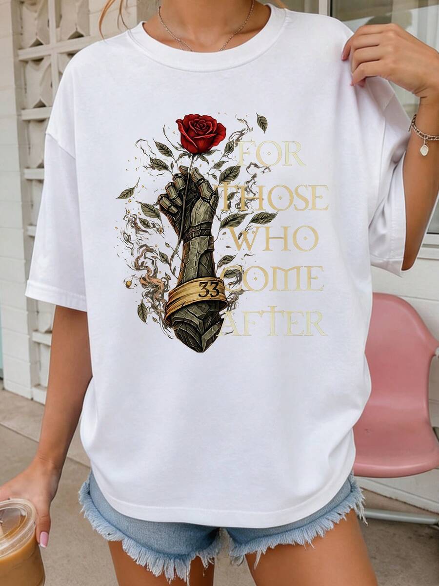 Vintage Inspired Clair Obscur Expedition 33 Stone Hand Red Rose For Those Who Come After Fantasy Game Graphic Tee - 白色 - 查看 1