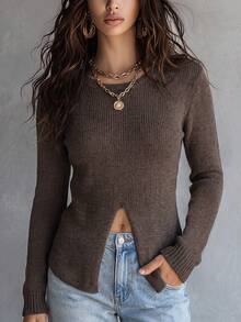 Women's Casual Solid Color Round Neck Knitted Pullover Sweater Long Sleeve Front Slit Sweater Suitable For Wearing In Autumn And Winter. - Brown - View 3