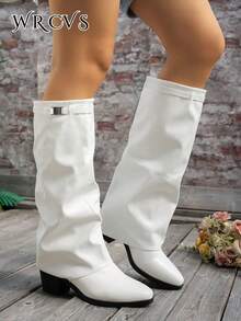 WRCVS Women's Pointed Toe Chunky Heel Suede Western Boots With Tassels, Slim Fit Tall Boots, Christmas Style - White - View 4