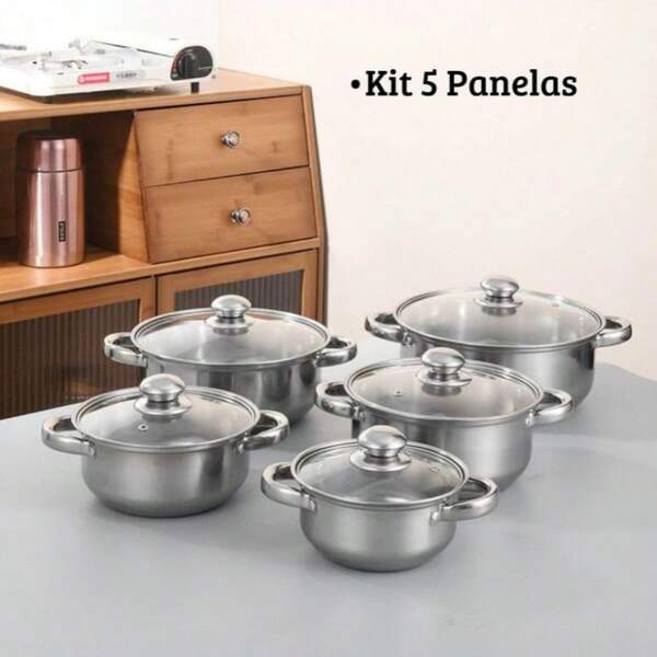 Conjunto de Panelas de Aço Inoxidável de Alta Qualidade Com Tampa de Vidro Temperado Cozinha KIT com 5 Panelas