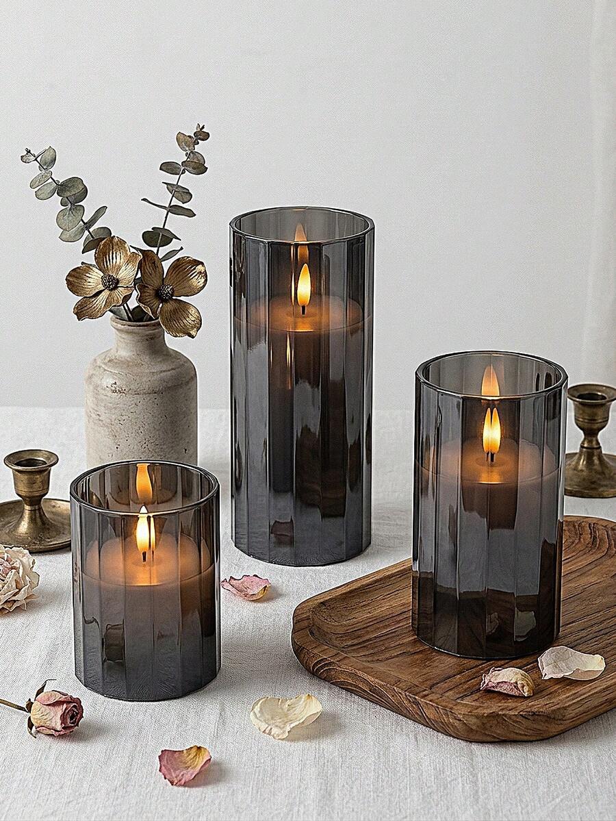3pcs Flameless Candle Lights With Timer Remote Control, Battery Operated Warm Candle, Suitable For Halloween, Christmas, Valentine's Day, Gift, Birthday, Proposal, Wedding, Party, Dining Table - Black - Warm Glow - View 1