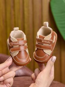 Spring/Autumn Vintage Brown Patchwork Infant Walking Shoes, Double Hook & Loop Soft Sole Casual Sneakers, Pre-Walker Shoes For 0-12 Months - Brown - View 3