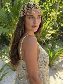 1 Peça Gorro de Tricô Feminino Vintage Francês com Lantejoulas, Chapéu Slouchy Feminino de Crochê Vazado para Férias/Praia/Uso Diário - Multicolorido - Visão 2