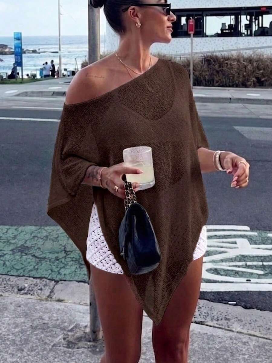 女款休閒性感亮面輕量紋理純色鏤空針織短披肩蝙蝠袖上衣,夏季度假海灘罩衫 - 棕色 - 查看 1