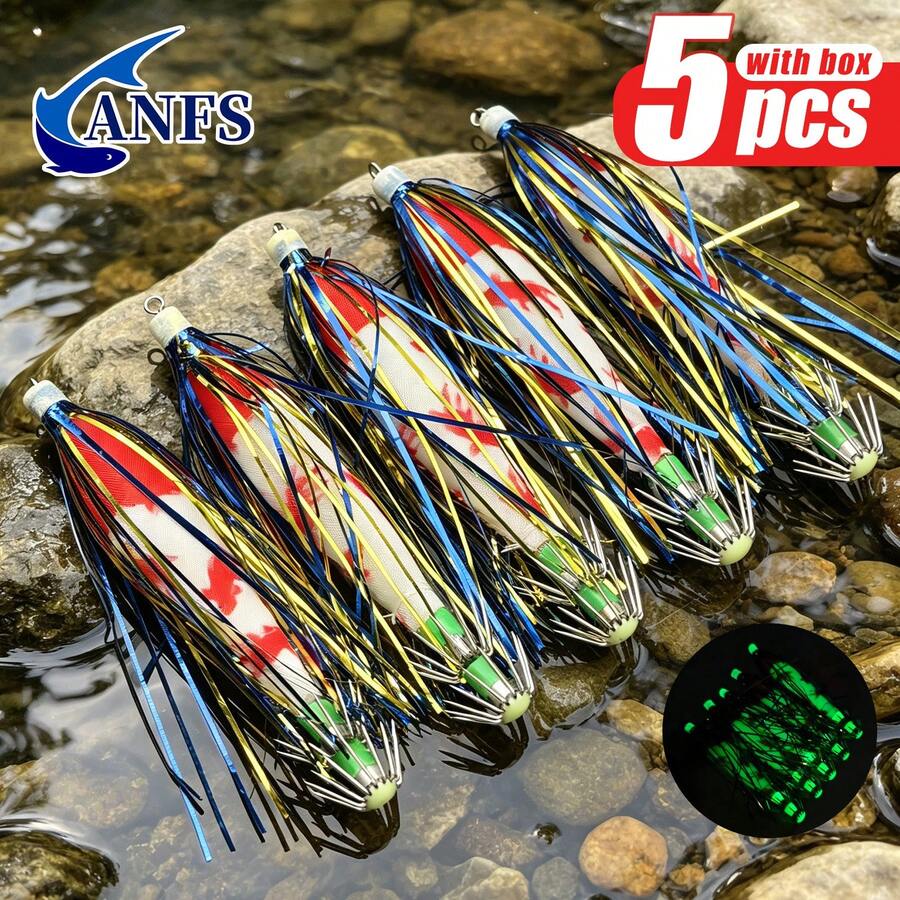 ANFS 5pcs Shrimp JIg, Horizontal Egi Squid Jig Set, Shrimp Lure For Saltwater Octopus Cuttlefish Sea Fishing