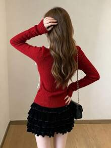 春季拼接 2-in-1 粗針編織紅色毛衣，新年層次感針織衫，秋季風格 - 酒紅色 - 查看 8