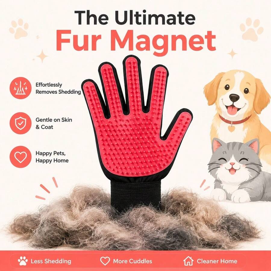 Gentle Pet Grooming Glove, Silicone Multi-Function Deshedding Brush, Massage & Bathing Tool, Suitable For Dogs, Cats, Horses, Rabbits And Small Pets, Adjustable - Red - View 1