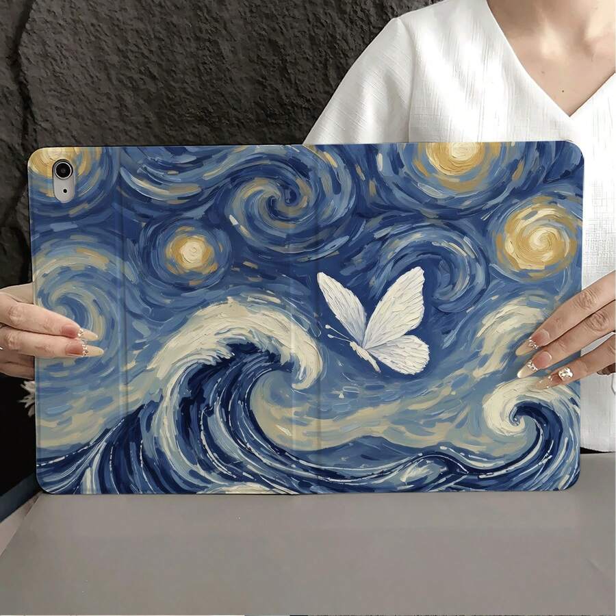 1件星空白色蝴蝶油畫平板保護殼,附筆槽,相容 iPad 10代智能保護殼/Air 13(M3 2025)/Air 11/11(A16 2025),相容 OPPO Pad,相容 MatePad,相容 Vivo Pad,相容 Honor Pad,相容 Xiaoxin Pad - 彩色 - 查看 1