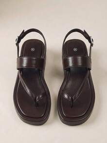 HighSole 極簡人字紋女款露趾後扣涼鞋，輕便都市休閒穿搭 - 咖啡棕 - 查看 1