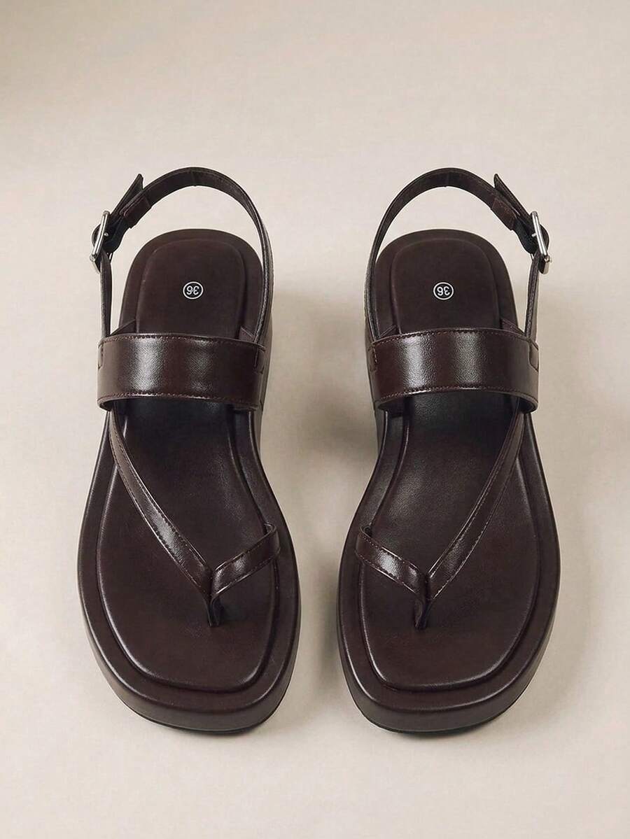 HighSole 極簡人字紋女款露趾後扣涼鞋,輕便都市休閒穿搭 - 咖啡棕 - 查看 1
