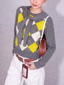 Women's Winter Casual Minimalist Argyle Pattern 2 In 1 Pullover Sweater With Scarf Design - Grey - View 5