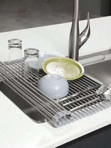 1pc Stainless Steel Expandable Drain Rack, Can Be Placed Over Sink, Black And Gray, With Adjustable Arms, A Fully Functional Kitchen Sink Storage Rack, Suitable For Vegetables And Fruits Kitchen Utensils Set, Can Be Used In Kitchen And Bathroom, A Great Gift For New Year And Christmas - Multicolor - View 7