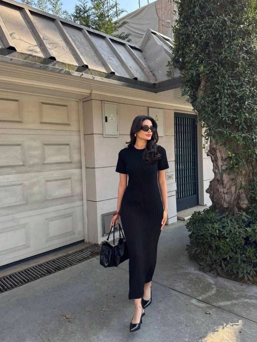 Women's Ribbed Half Sleeve Diamond Dress - Black - View 1