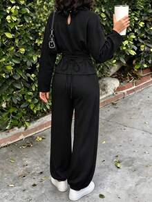 Fall Winter Solid Belted Lapel Long Sleeve Blouse High Waist Wide Leg Pants Loose Elegant Set, Daily Commute Two Pieces - Black - View 5