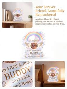 1pc Personalized Custom Photo & Text Pet Memorial Plaque, Rainbow Bridge Dog-Shaped Desktop Memorial Ornament, Angel Wings Pet Loss Memorial Decor, Sympathy & Remembrance Gift For Dog & Cat Pet Owners, Home Desktop Memorial Display - Multicolor - View 6