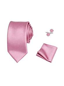 1 Set Dasi Pria Bertekstur 8cm, Sapu Tangan Saku, dan Manset, Cocok untuk Pertemuan Bisnis, Pesta Pernikahan, dan Pesta Pengantin. - Baby Pink - View 2