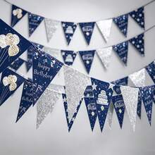 8/16/24 PCS Midnight Blue Star-Shaped Birthday Decorative Flag Set, Silver Sequin Triangular Flag, Featuring Birthday Cake And Balloon Patterns, Suitable For Male Birthday Party Wall Decoration Items - View 5