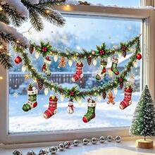 1pc New Christmas Theme Window Sticker, Pattern Includes Christmas Socks, Pine Branches, Red Berries And Stars, Exquisite Pattern Self-Adhesive Decorative Sticker, Suitable For Store Windows And Indoor Glass Smooth Surfaces, Merry Christmas - Multi-color - View 10