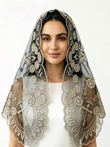 1pc Paisley Pattern Bohemian Polyester Black Apricot Lace Embroidered Triangle Veil Bridal Headscarf All Seasons - Black Apricot - View 2