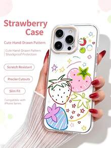 1件時尚手機殼 手繪草莓與星星圖案 唯美波浪邊框 透明防震保護殼 相容 iPhone 系列 18Pro Max 18Pro 18 17Pro Max 17Pro 17 16 15 14 13 12 11Pro Max 智慧型手機殼 - 彩色 - 查看 3