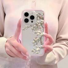 1pc Pink Frame Transparent Minimalist Lens Protection Anti-Drop Anti-Collision Half Magnolia Branch Pattern Phone Case Personalized Compatible With Iphone 16 Pro Max/17/16/15/14 Plus/13/12/11/Air And Series - Multicolor - View 4