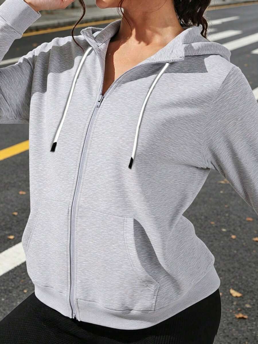 (春秋季)女士时尚运动休闲户外运动健身跑步连帽外套,女友风纯色连帽长袖抽绳风衣户外健身运动时尚女式卫衣 - 灰色 - 查看 1