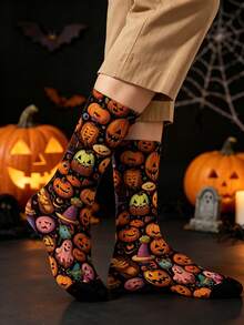 1 Pair Women's Mid-Calf Socks With Multiple Expressions, Pumpkin Witch Hat And Cute Ghost 360° Full Print, Fun Halloween Party Cosplay Casual Daily Socks, Unisex Style, Ideal Gift Choice - Multicolor - View 2