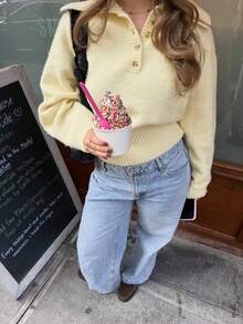 Vivid Style Butter Yellow Knit Sweater Women Lapel Collar Half Button Henley Pullover Loose Long Sleeve Soft Knitted Jumper Top Ribbed Hem - Yellow - View 1