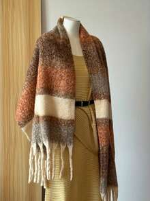 1 Stück Herbst/Winter Neuer warmer Farbquasten Oversize Schal, vielseitiger kälteschützender dicker Farbblock-Karomuster langer Schal, warmer Nackenwärmer - Braun - Übersicht 3