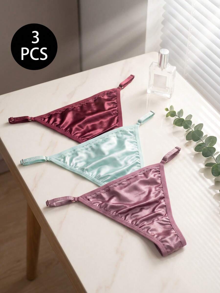 3pcs/Pack Women's Silk Satin Thong Panties, Adjustable Spaghetti Strap ...