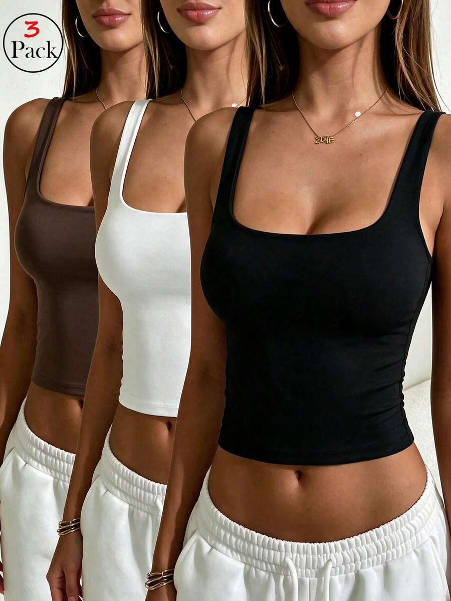 Aoqta Sports Atasan Wanita Kasual Rajut Leher Persegi, Bantalan Terintegrasi, Atasan Warna Polos Dasar, Cocok Untuk Yoga, Pakaian Sehari-hari, Latihan, Jalan-jalan, Bisnis