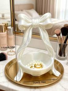Cute Bow Jewelry Tray, Shiny Pearl Texture Ring & Earring Storage Dish, Bathroom Vanity Aesthetic Decor Organizer Box - Multicolor - View 10