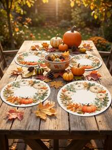 Runder Tischset mit weißem Kürbispflanzenkranz, orangefarbenem Kürbis und grünem Blattmuster im Herbststil, frischer Landhausstil, geeignet für Küchentisch, Esszimmer, Thanksgiving-Abendessen, Herbstparty und saisonale Heimdekoration - Verschiedenfarbig - Übersicht 9