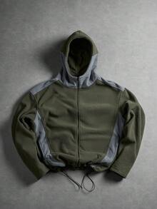 1pc Men's Colorblock Fleece Zip-Up Hoodie, Full Zip Drawstring Hem Hooded Jacket, Spring/Autumn Outdoor Casual Long Sleeve Coat - Army Green - View 1