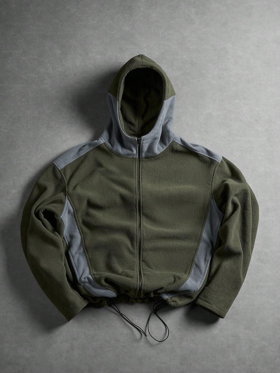 1pc Men's Colorblock Fleece Zip-Up Hoodie, Full Zip Drawstring Hem Hooded Jacket, Spring/Autumn Outdoor Casual Long Sleeve Coat - Army Green - View 1