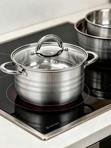 3‑Piece /6‑Piece Cookware Set Optional, Thickened Food‑Grade Stew & Stock Pots, Heat‑Resistant Glass Lid Design, Heat‑Resistant Anti‑Scald Handles, Polished Silver Metal Finish, Glass Lids With Vent Holes, Must‑Have Kitchen Essentials - View 4
