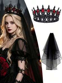 2pcs/Set Gothic Style Black Crown & Veil Wedding Accessory Set, Black Queen Vintage Style, Suitable For Halloween Gothic Costume, Can Be Used As Black Wedding Dress Photography Accessory - Multicolor - View 1