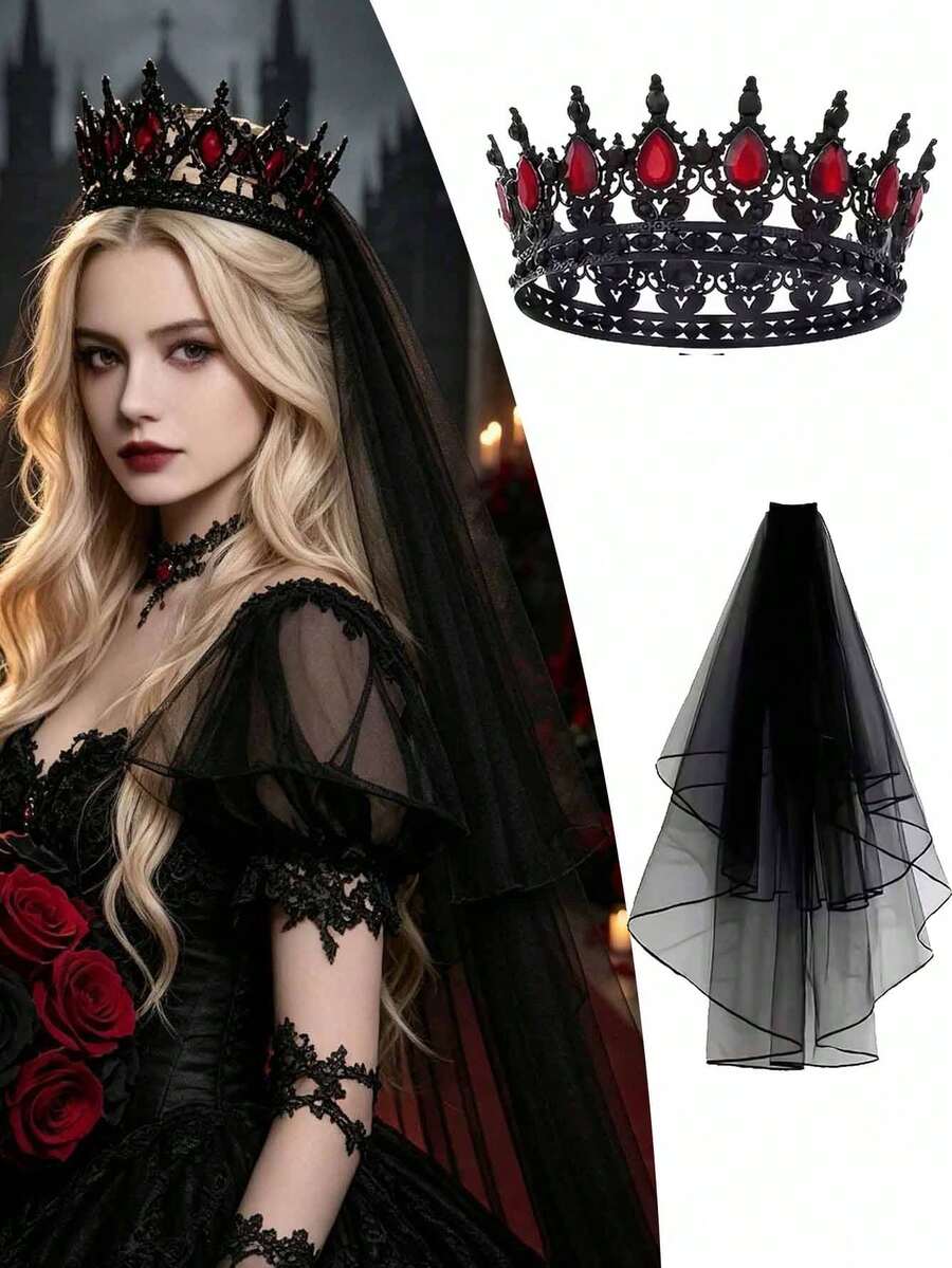 2pcs/Set Gothic Style Black Crown & Veil Wedding Accessory Set, Black Queen Vintage Style, Suitable For Halloween Gothic Costume, Can Be Used As Black Wedding Dress Photography Accessory - Multicolor - View 1
