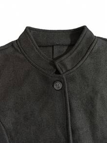 Women's Elegant Minimalist Small Stand Collar Solid Color Casual Daily Commute Front Button Faux Pocket Slim Fit Flattering Long Sleeve Wool Black - Black - View 10
